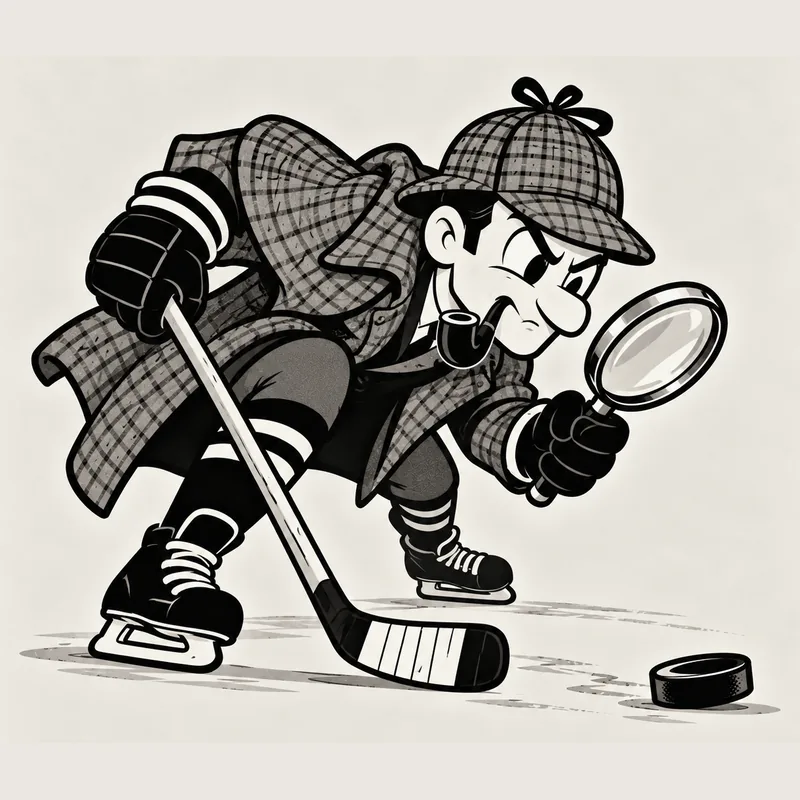 PuckSleuth's hockey detective studying a puck through a magnifying glass